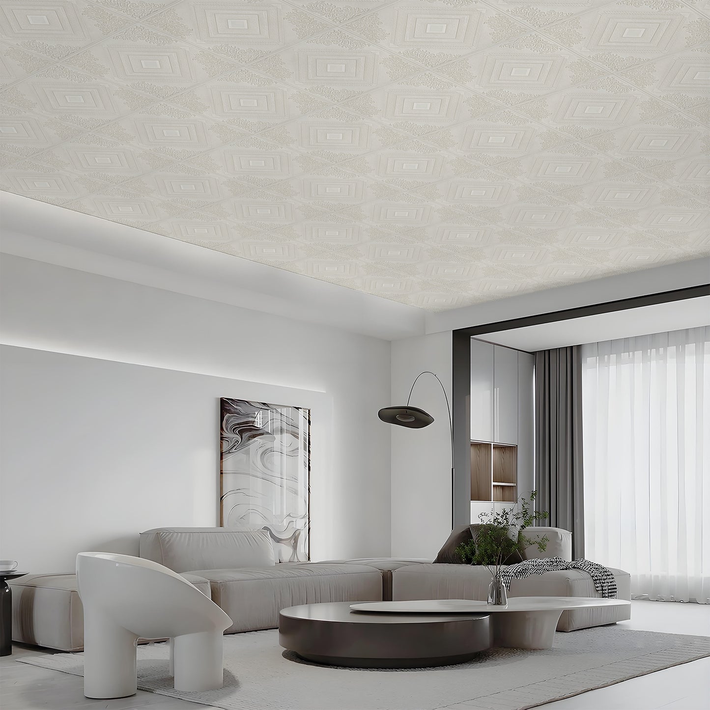 Abyssaly Drop Ceiling Tile, 13.7" x 13.7" 16 Pcs, 3D Wall Panels Foam Peel and Stick Decorative PVC Ceiling Tiles for Interior Living Room Kitchen Bathroom Basement, White