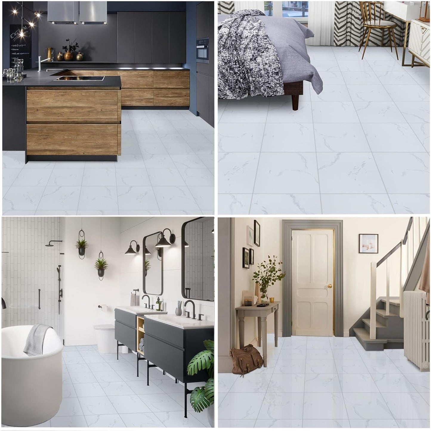 UMIGGEE White Marble Peel and Stick Floor Tile Self Adhesive Vinyl Flooring 12-in x12-in x1.0mm (20-pcs)For Kitchen Living Room Bedroom Home Decoration (20 Sq. ft./Pack)