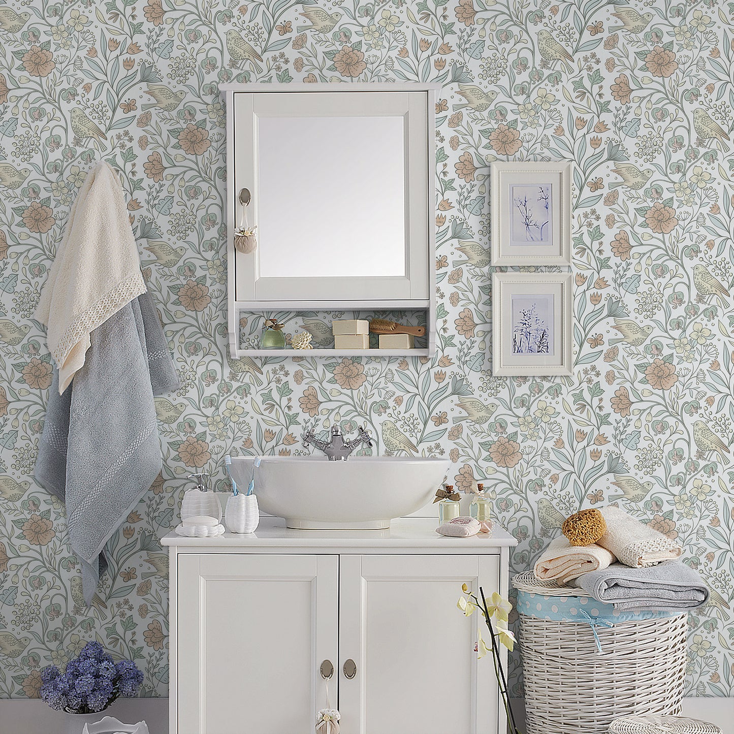 Abyssaly Floral Peel and Stick Wallpaper 17.7 "x 236" White Bird and Flower Wallpaper Vintage Vinyl Contact Paper Suitable for Home Walls Cabinet Bedroom
