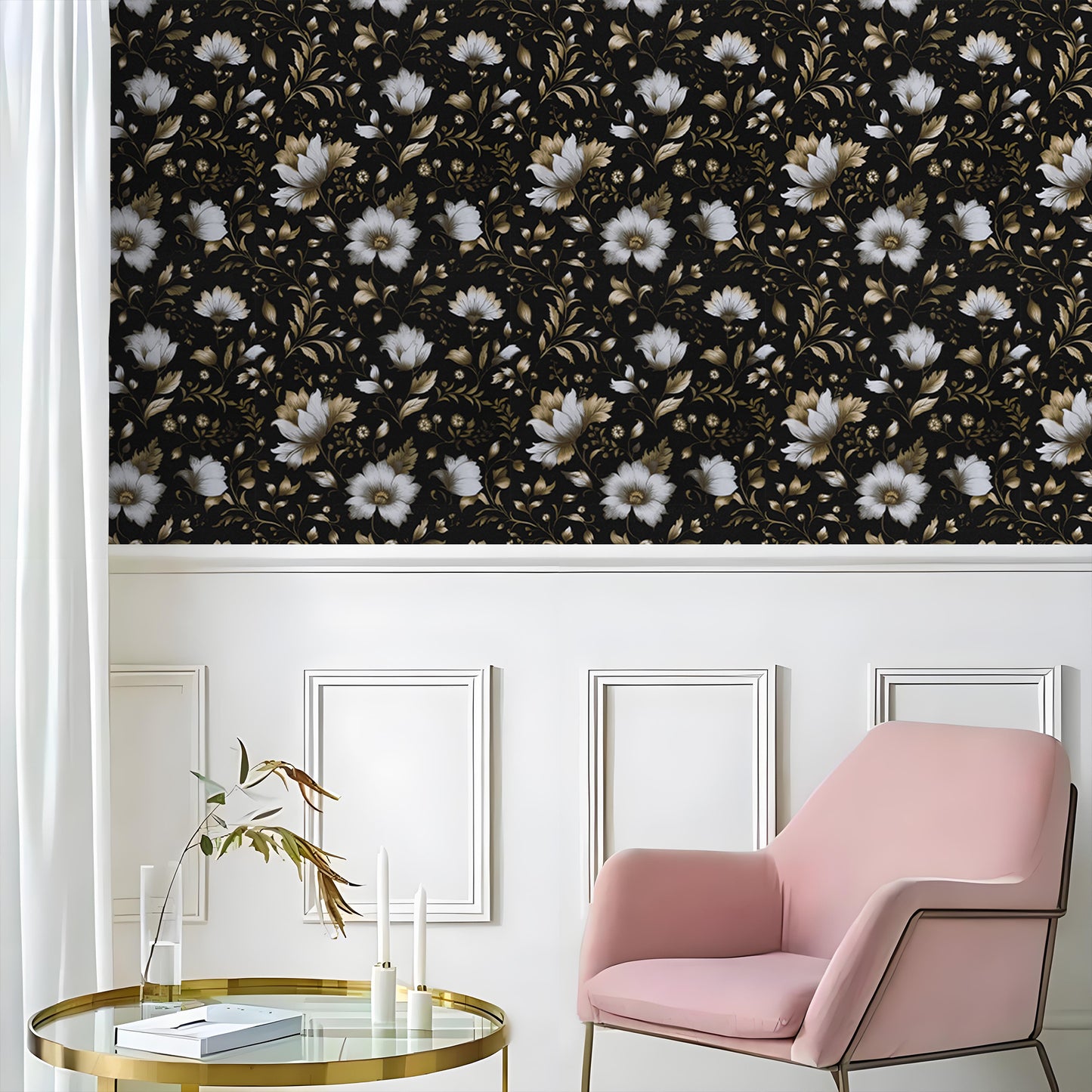 Abyssaly Black Gold Floral Wallpaper, 17.3" x 118" Peel and Stick Wallpaper Self-Adhesive Removable Contact Paper for Cabinets, Home Decoration
