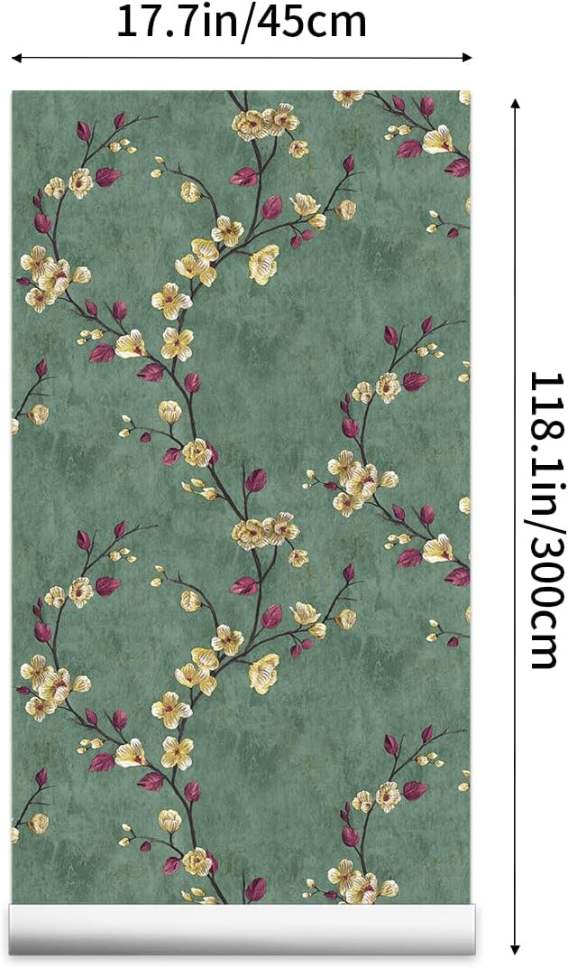 Meiban Floral Peel and Stick Wallpaper Green Floral Contact Paper 17.7" x 118" Removable Wallpaper Decorative Self Adhesive Wallpaper Wall Paper for Home Decor Wall Covering Old Furniture Renovation