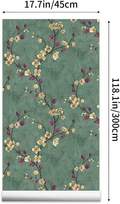 Meiban Floral Peel and Stick Wallpaper Green Floral Contact Paper 17.7" x 118" Removable Wallpaper Decorative Self Adhesive Wallpaper Wall Paper for Home Decor Wall Covering Old Furniture Renovation