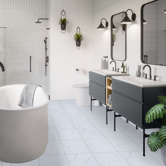 UMIGGEE White Marble Peel and Stick Floor Tile Self Adhesive Vinyl Flooring 12-in x12-in x1.0mm (20-pcs)For Kitchen Living Room Bedroom Home Decoration (20 Sq. ft./Pack)