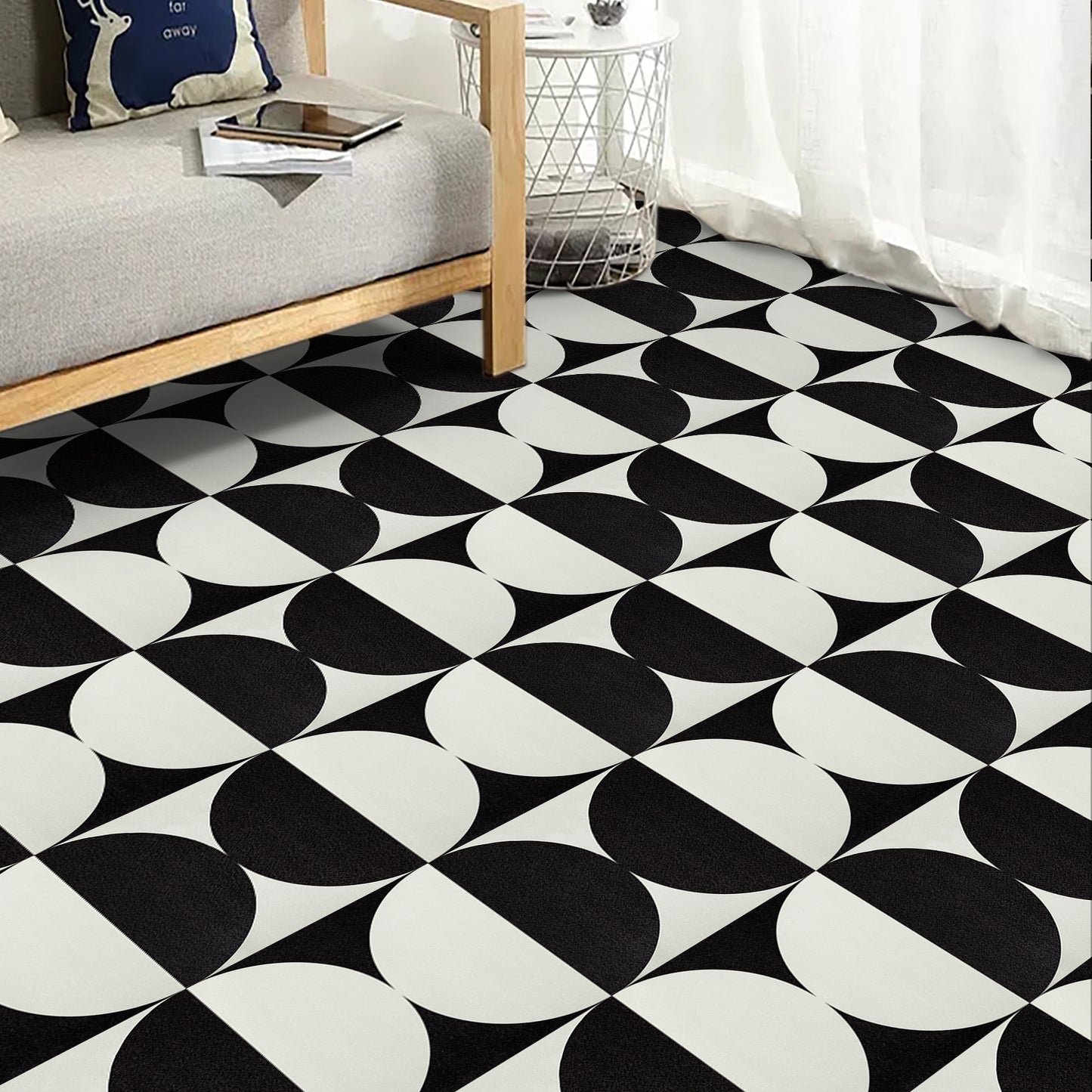 UMIGGEE Black&White Semicircul Vinyl Floor Tile 11.8"x11.8"x1.0mm (10-pcs) Peel and Stick Floor Tile Self Adhesive Leathers Look Flooring Tile Home Decor Kitchen Bedroom (Cover 9.6 sq. ft./ Pack)