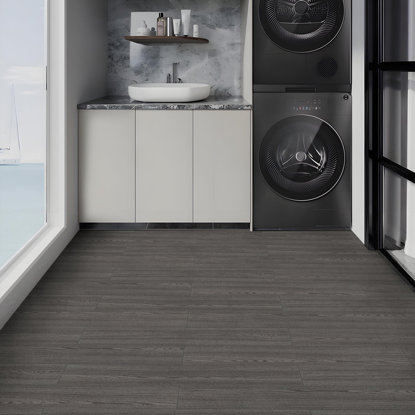 Abyssaly 35.8" x 5.9" 10 Pcs Wood Grain Flooring Tile Peel and Stick Floor Tile, Medium Grey Self Adhesive Vinyl Flooring, Self Adhesive Bathroom Floor Tiles Waterproof Thick Removable Flooring Tiles