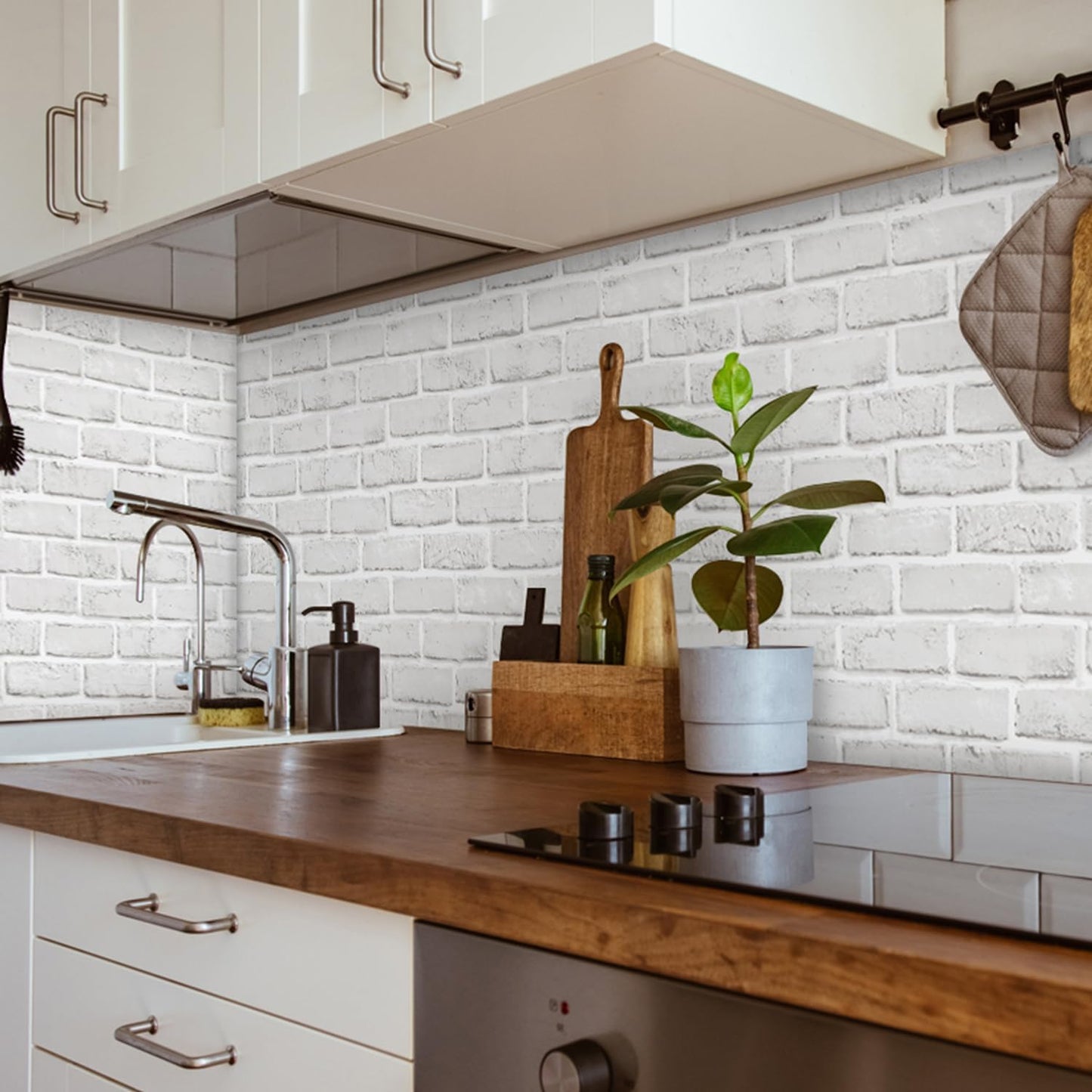 Abyssaly Brick Wallpaper Peel and Stick Wallpaper 17.7" x 78.9"Gray and White 3D Brick Textured Pattern Removable Self Adhesive Vinyl Contact Paper for Kitchen Bedroom Living Room
