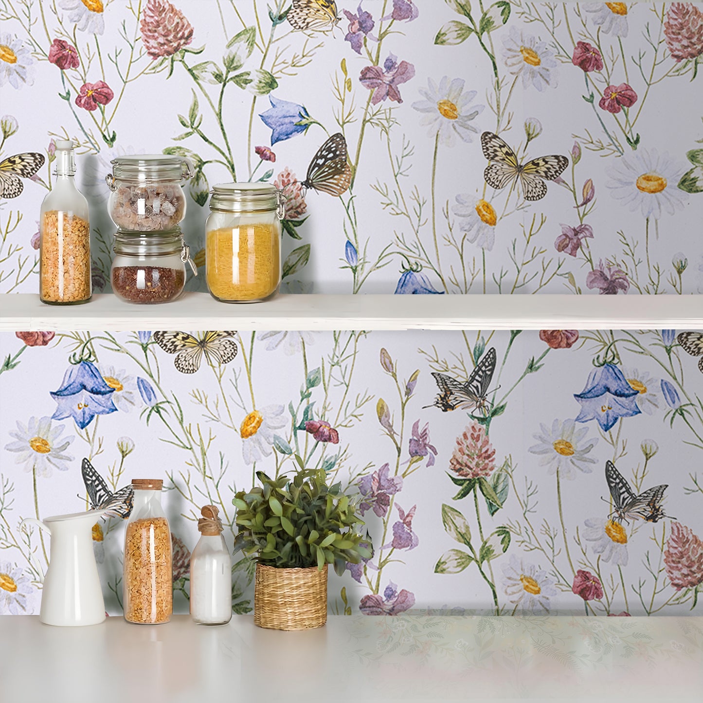 Abyssaly Butterfly Floral Peel and Stick Wallpaper 17.3"×236" White Removable Self-Adhesive Vinyl Wall Paper for Home Decor