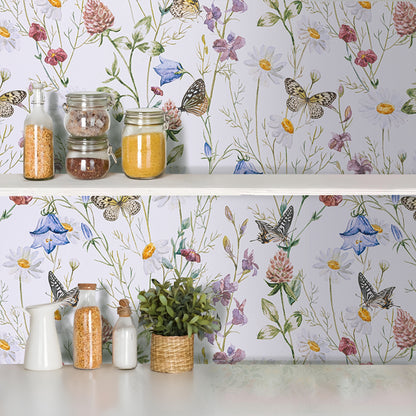 Abyssaly Butterfly Floral Peel and Stick Wallpaper 17.3"×236" White Removable Self-Adhesive Vinyl Wall Paper for Home Decor