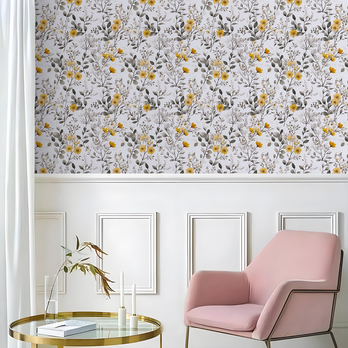 Abyssaly Floral Peel and Stick Wallpaper 17.3 "x 118.1" Yellow Flower and Ink-Wash Leaves Wallpaper Vintage Vinyl Contact Paper Suitable for Home Walls Cabinet Bedroom
