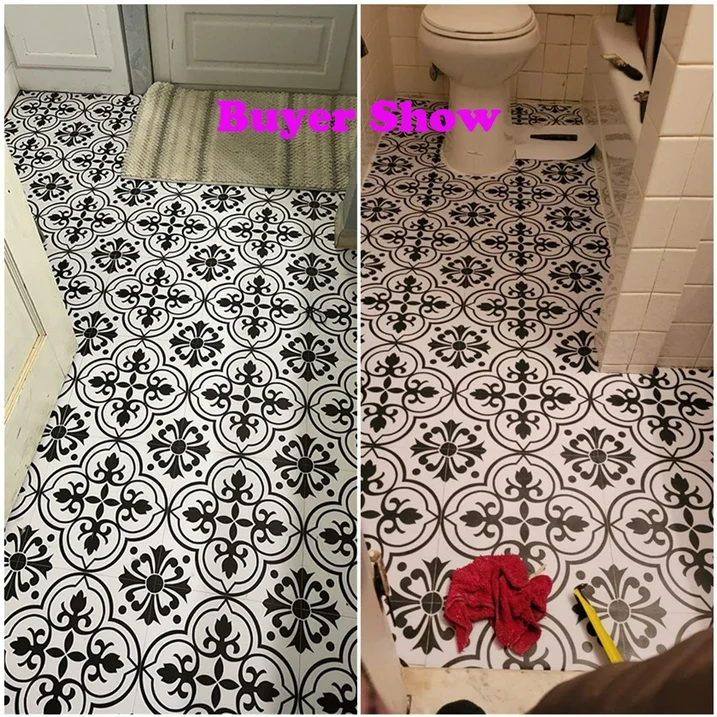 Lxcreat Peel and Stick Floor Tile Flooring Black and White Flower, Vinyl Flooring Self-Adhesive Removable for Bathroom/Kitchen (10 Pcs 11.8-in x 11.8-in)