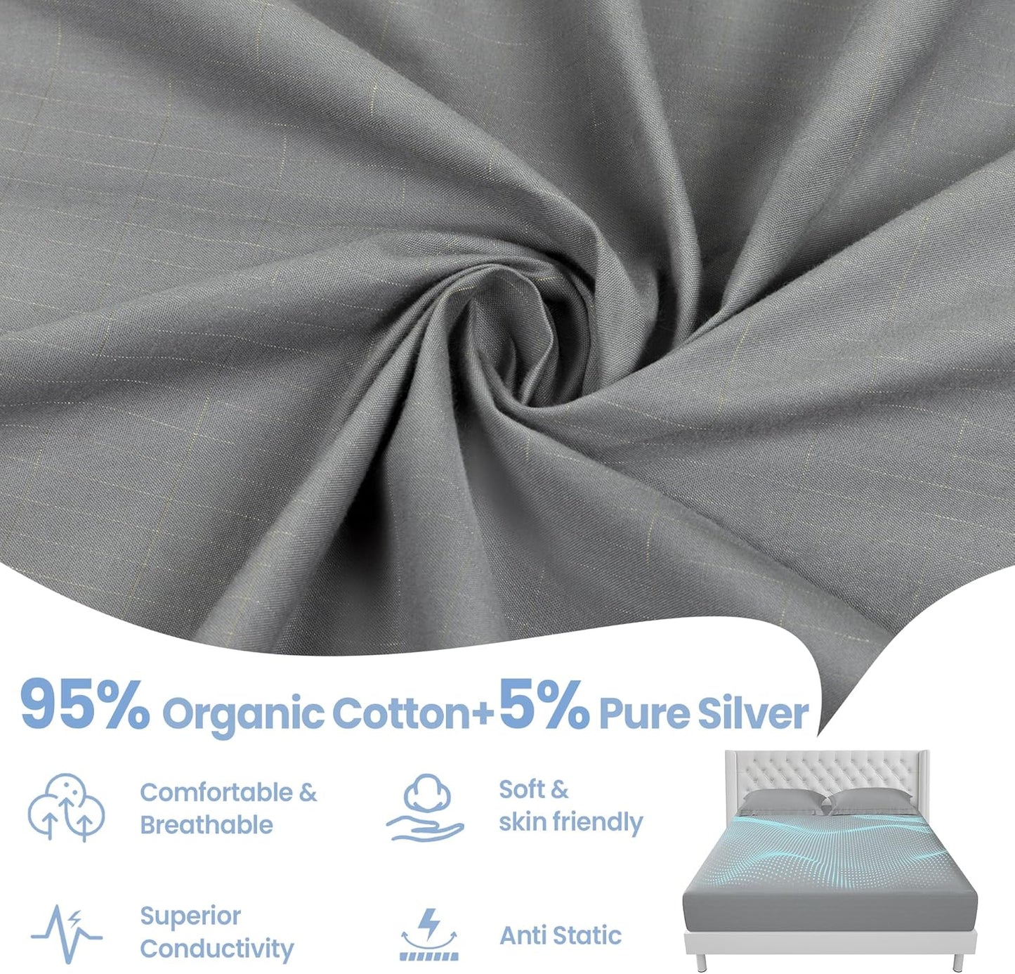 Grounding Sheets Queen Size - 95% Organic Cotton + 5% Pure Silver Fitted Bed Sheet for Earthing - 400 Thread Count Deep Pocket Grounded Bedsheets - Improved Sleep Down to Earth Ground Bedding