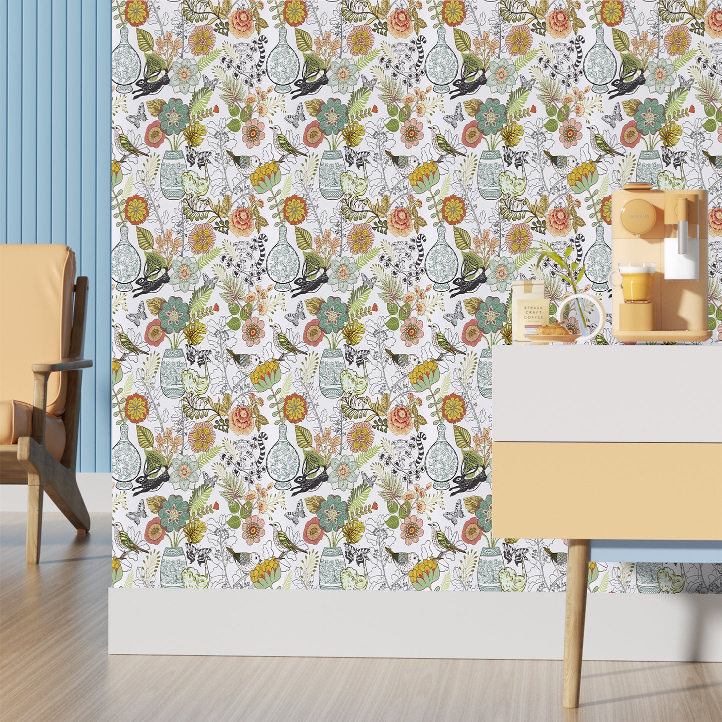 Abyssaly 17.7" x 236" Floral Peel and Stick Wallpaper Birds Mural, Animal Contact Paper White Green Red Vinyl Self Adhesive Wallpaper for Bedroom Home Decoration