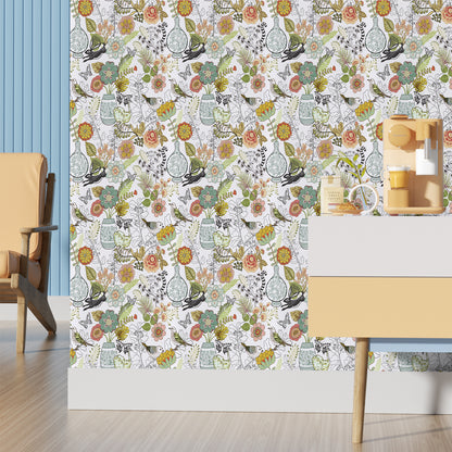 Abyssaly 17.7" x 236" Floral Peel and Stick Wallpaper Birds Mural, Animal Contact Paper White Green Red Vinyl Self Adhesive Wallpaper for Bedroom Home Decoration