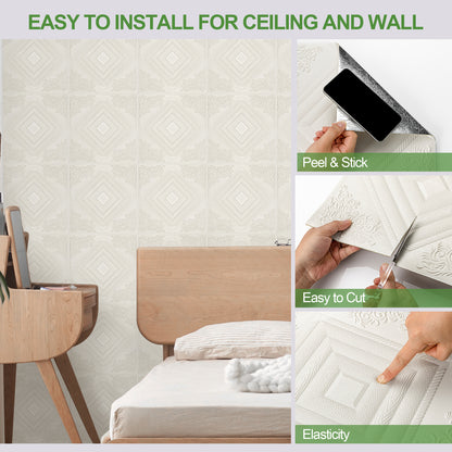 Abyssaly Drop Ceiling Tile, 13.7" x 13.7" 16 Pcs, 3D Wall Panels Foam Peel and Stick Decorative PVC Ceiling Tiles for Interior Living Room Kitchen Bathroom Basement, White