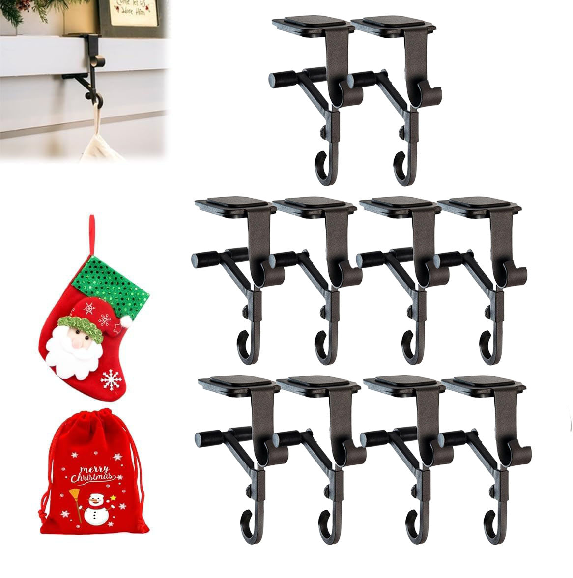 Lxcreat Fireplace Stocking and Garland Hanger, Paeose Garland Holder for Mantle, Adjustable 2 in 1 Double Mantel Hangers for Front Door, Christmas Stocking Holder for Home Decoration (Black-10pcs)