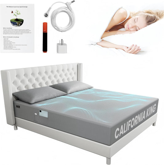 Alow Grounding Sheets California King Size Gray Fiber Grounding Sheet 90% Organic Cotton + 10% Pure Silver Fitted Bed Sheet Earth Connected Bedding with Grounding Cord