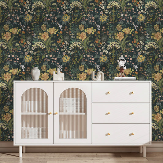 Floral Wallpaper Peel and Stick 17.7" x 118" Tulips Dark Self Adhesive Removable Wallpaper Peel and Stick for Home Bedroom Cabinets Thicken