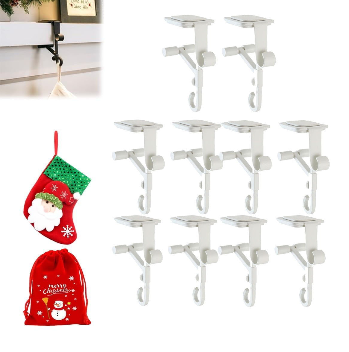 Lxcreat Fireplace Stocking and Garland Hanger, Paeose Garland Holder for Mantle, Adjustable 2 in 1 Double Mantel Hangers for Front Door, Christmas Stocking Holder for Home Decoration (White-10pcs)
