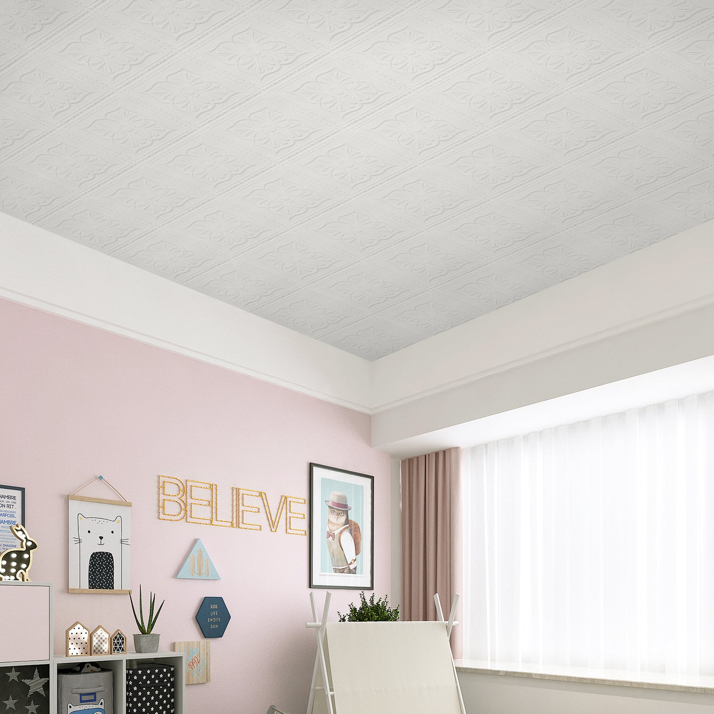 Abyssaly Ceiling Tiles 32 Pcs, Covering Area 41 sq. ft. 13.7" x 13.7" Peel and Stick Ceiling Tiles 3D Wall Panels, Easy to Install & Cut, Pure White