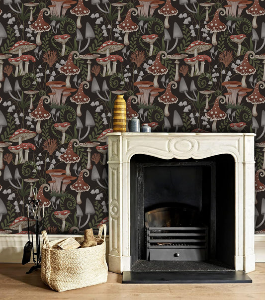 UMIGGEE Peel and Stick Wallpaper Boho Mushroom Removable Stick on Forest Contact Paper 17.7" x 118" Self Adhesive Home Decor Wall Covering Old Furniture Renovation Black/Red/Green