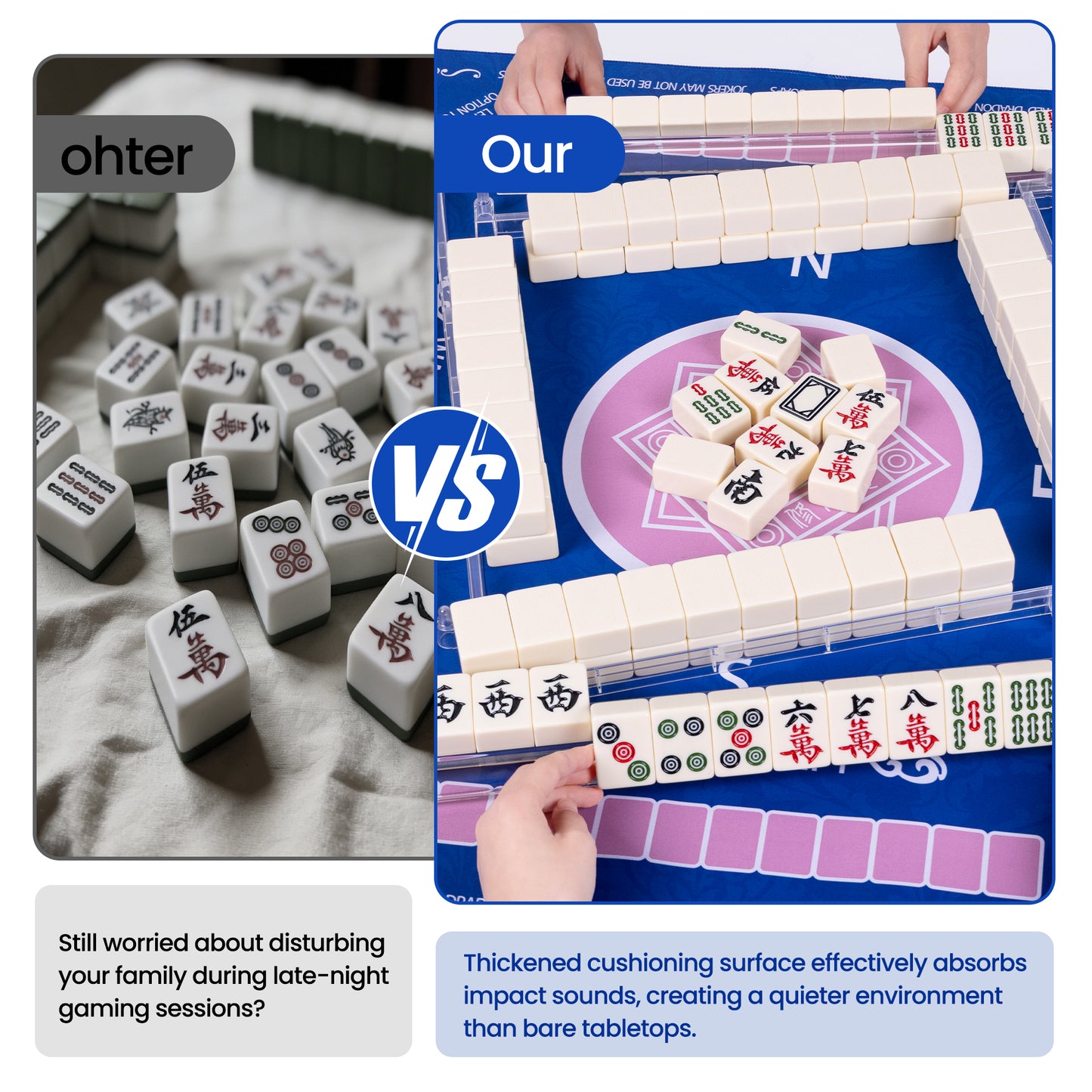 Blue Mahjong Mat for Table with 4 Racks - 32.6x32.6 Inch Anti Slip Mats for Poker, Cards, Dominoes Table Cover, Board Games - Noise Reduction Foldable Mah jongg Table Cover - Rectangle Mahjong Pad