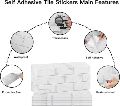 UMIGGEE Backsplash Tile Peel and Stick, 12-Sheet Stick on Subway Tiles for Kitchem, Bathroom Back Splashes, 11.8" x 5.9", White