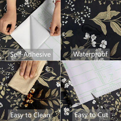 UMIGGEE 17.7-in x 393-in Floral Wallpaper Peel and Stick Floral Black Wallpaper Self Adhesive Flower Wall Paper Contact Paper Home Decor Wall Covering Old Furniture Renovation