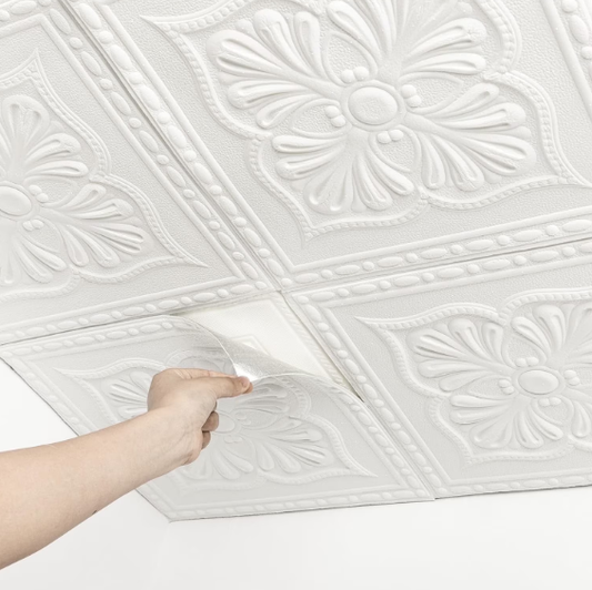 Abyssaly Ceiling Tiles 32 Pcs, Covering Area 41 sq. ft. 13.7" x 13.7" Peel and Stick Ceiling Tiles 3D Wall Panels, Easy to Install & Cut, Pure White