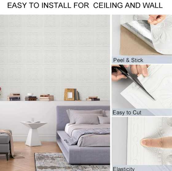 Abyssaly Ceiling Tiles 32 Pcs, Covering Area 41 sq. ft. 13.7" x 13.7" Peel and Stick Ceiling Tiles 3D Wall Panels, Easy to Install & Cut, Pure White