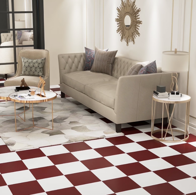 Abyssaly Vinyl Peel and Stick Floor Tiles 12 x12 Inches Red and White Checkered Floor Tiles Easy to Install and Waterproof for Bathroom and Kitchen (10 Pcs, Red and White)
