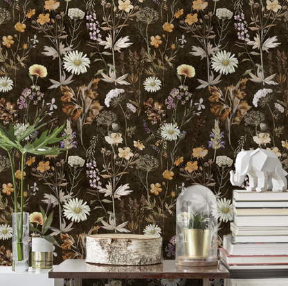 Abyssaly Floral Wallpaper 17.3" x 118"Peel and Stick Wallpaper Self-Adhensive Removable Wall Paper Black Vintage Daisies Contact Paper Vinyl Waterproof