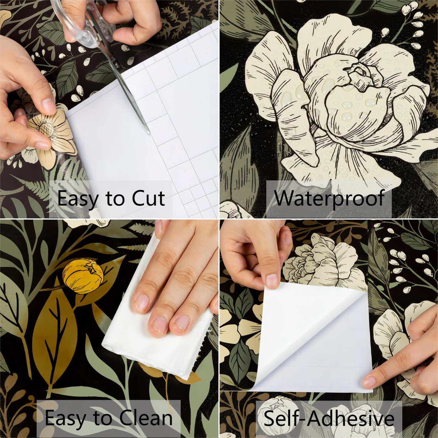 UMIGGEE Floral Wallpaper Peel and Stick Floral Black Wallpaper Self Adhesive Flower Wall Paper Contact Paper 17.7" x 118" Home Decor Wall Covering Old Furniture Renovation